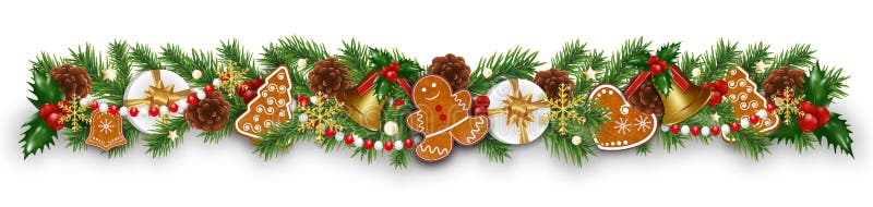 Weihnachtsgrenzdekoration mit Tannenzweigen, Lebkuchengebäck, goldene Glocken, heilige Beeren und Konsen Konstruktionselement