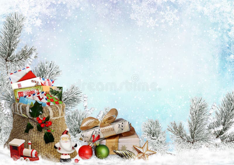 Weihnachtsgrußkarte mit Geschenken, einer Tasche von Buchstaben, Santa Claus, Spielwaren und Kiefer verzweigt sich stock abbildung Weihnachtsgrußkarte mit Geschenken, einer Tasche von Buchstaben, Santa Claus, Spielwaren und Kiefer verzweigt sich stock abbildung