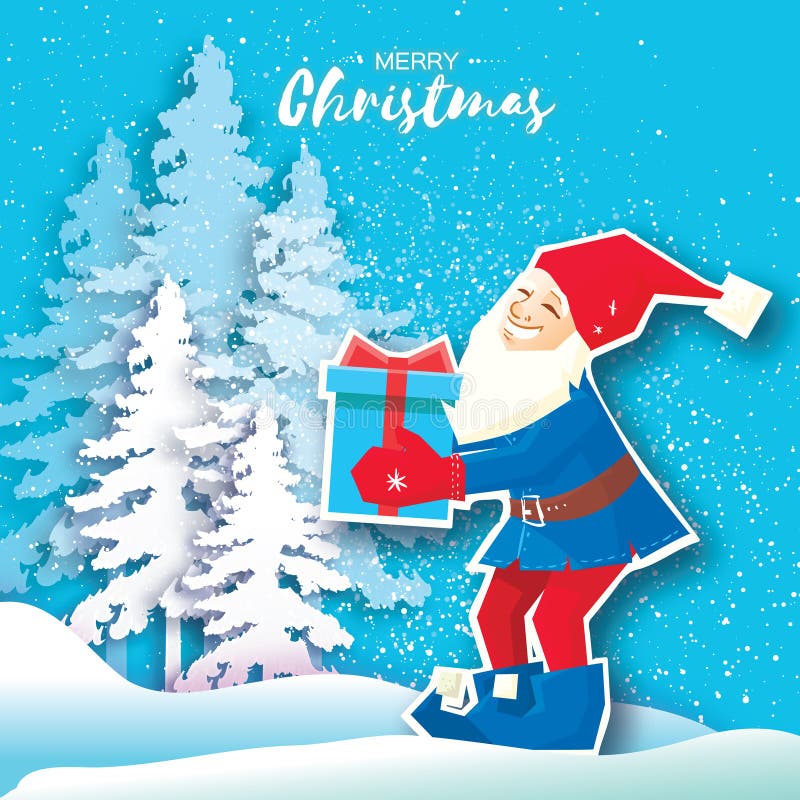 Weihnachtskarikatur von Santa Claus eine Geschenkbox mit Bogen halten Papier geschnittene frohe Weihnacht-Grußkarte Origami-Winte lizenzfreie abbildung Weihnachtskarikatur von Santa Claus eine Geschenkbox mit Bogen halten Papier geschnittene frohe Weihnacht-Grußkarte Origami-Winte lizenzfreie abbildung