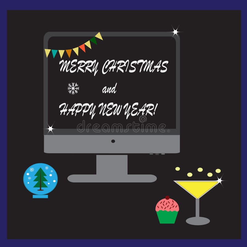 Weihnachtskarte Mit Computermonitor, -champagner, -kleinem Kuchen Und