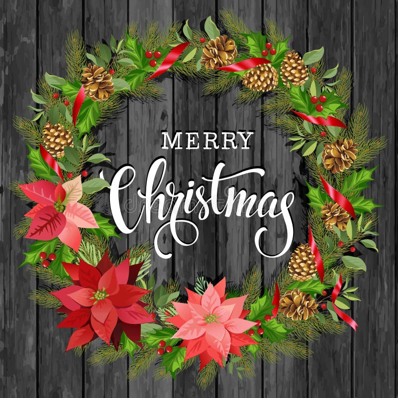 Weihnachtskranz der Poinsettias, der Tannenzweige, der Kegel, der Stechpalme und anderer Anlagen auf einem hölzernen Hintergrund stock abbildung Weihnachtskranz der Poinsettias, der Tannenzweige, der Kegel, der Stechpalme und anderer Anlagen auf einem hölzernen Hintergrund stock abbildung
