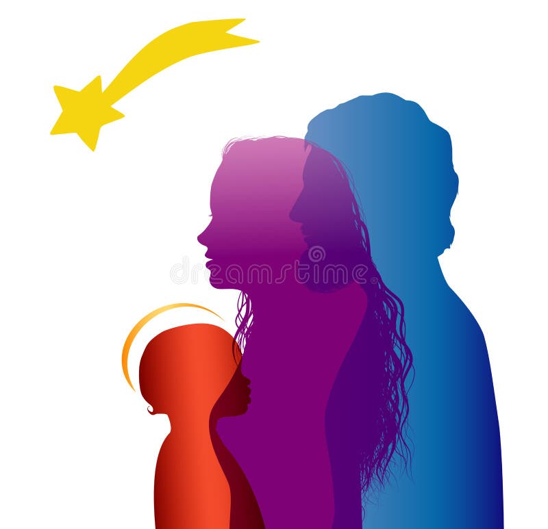 Weihnachtskrippe lokalisiert Farbige Schattenbildprofile mit Joseph - Mary und Baby Jesus Mehrfachbelichtung stock abbildung Weihnachtskrippe lokalisiert Farbige Schattenbildprofile mit Joseph - Mary und Baby Jesus Mehrfachbelichtung stock abbildung