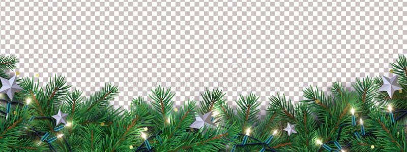 Weihnachtslange horizontale Grenze mit den Weihnachtsbaumast-Girlandenkonfettis isoliert auf transparente Hintergrund