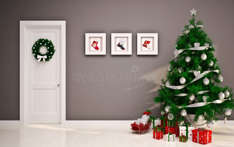 Weihnachtsleerer Innenraum mit Tür u. Baum stockbilder Weihnachtsleerer Innenraum mit Tür u. Baum stockbilder