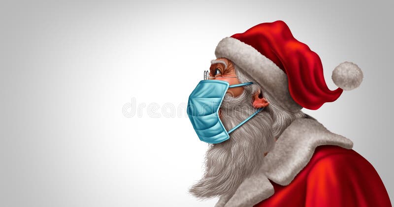 Santa Claus face mask concept as a Christmas holiday season symbol for health and healthcare disease prevention as medical equipment preventing a virus infection during a pandemic or epidemic in a 3D illustration style. Santa Claus face mask concept as a Christmas holiday season symbol for health and healthcare disease prevention as medical equipment preventing a virus infection during a pandemic or epidemic in a 3D illustration style