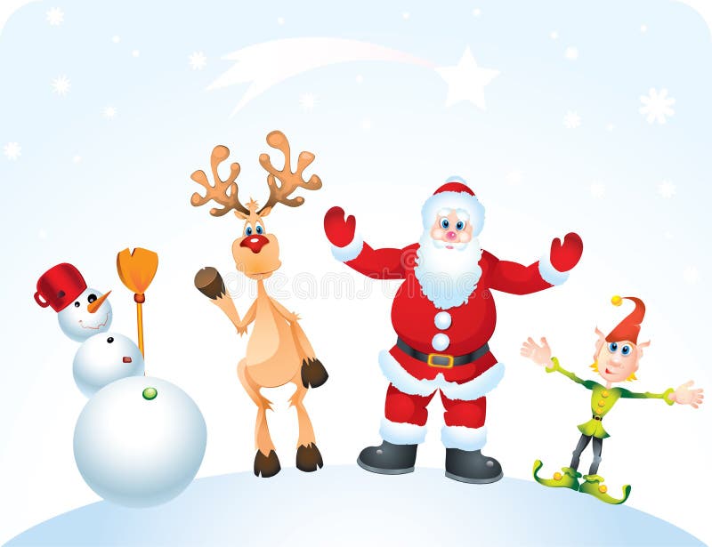 Weihnachtsmann, Rudolph, Elf und Schneemann