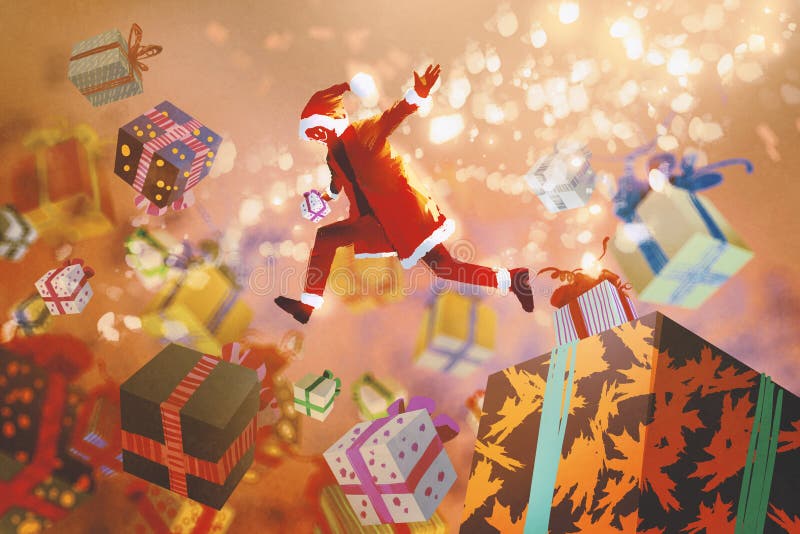 Weihnachtsmann springend in bunte Geschenkboxen, Weihnachtskonzept vektor abbildung