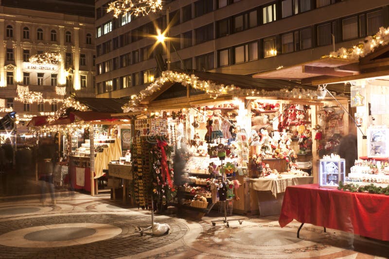 Christmas fair stands on the Saint Stephen square before the Basilica in Budapest. Christmas fair stands on the Saint Stephen square before the Basilica in Budapest