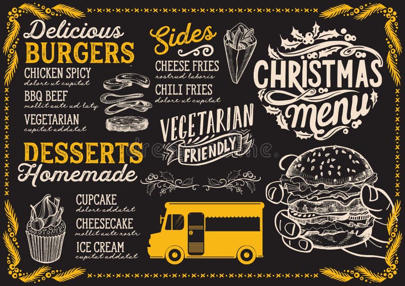 Christmas menu for food truck on blackboard background vector illustration template for xmas night celebration. Design poster with vintage lettering and holiday hand-drawn graphic. Christmas menu for food truck on blackboard background vector illustration template for xmas night celebration. Design poster with vintage lettering and holiday hand-drawn graphic.