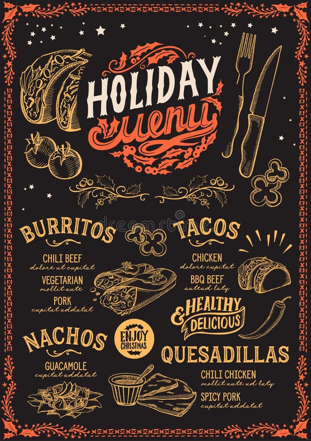 Christmas menu template for mexican restaurant and cafe on a blackboard background vector illustration brochure for xmas dinner celebration. Design poster with vintage lettering and holiday hand-drawn graphic. Christmas menu template for mexican restaurant and cafe on a blackboard background vector illustration brochure for xmas dinner celebration. Design poster with vintage lettering and holiday hand-drawn graphic.