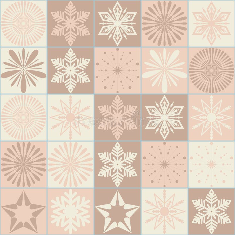 Weihnachtsmuster nahtlos mit verschiedenen Schneeflocken und Kristallen delikate beige rosa pastellfarbene Vektorgrafik lizenzfreie abbildung