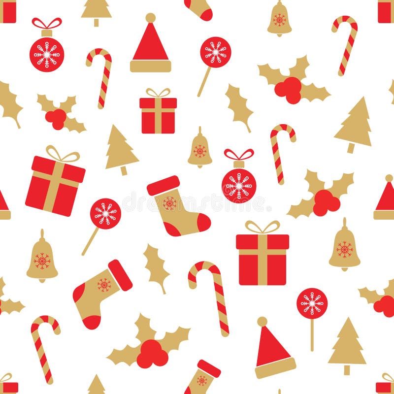 Weihnachtsnahtloses Muster mit Stechpalmenbeeren, Bälle, Geschenkboxen, Zuckerstange, Glocke, Baum, Schneeflocken Rot und Gold stock abbildung Weihnachtsnahtloses Muster mit Stechpalmenbeeren, Bälle, Geschenkboxen, Zuckerstange, Glocke, Baum, Schneeflocken Rot und Gold stock abbildung