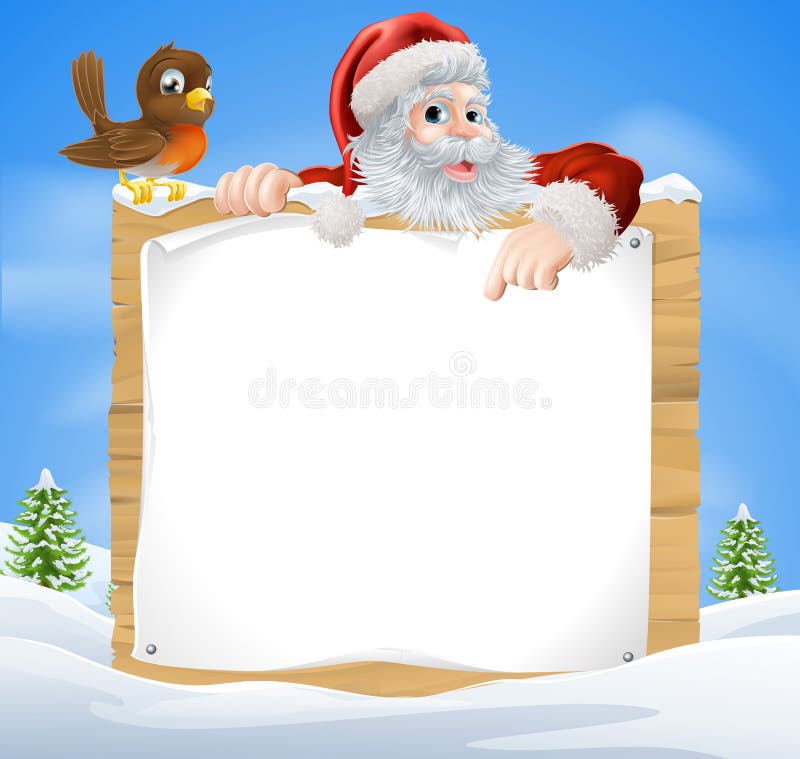 A Christmas snow scene with Santa Claus and a cute cartoon Robin above a wooden sign. A Christmas snow scene with Santa Claus and a cute cartoon Robin above a wooden sign