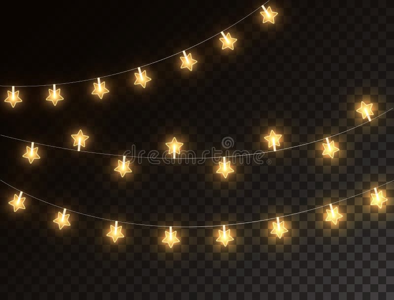 Weihnachtssternlampen isoliert auf dunkeltransparentem Hintergrund Glühende goldene Gartenleuchten Neonlampe Bright lizenzfreie abbildung