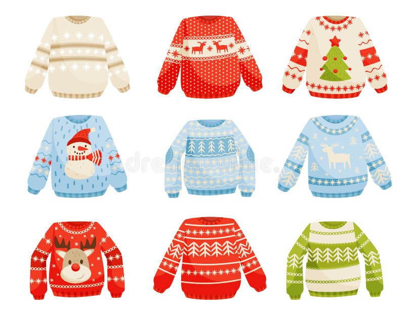 Weihnachtsstrickjackensatz, warmer gestrickter Pullover mit netter Verzierungsvektor Illustration auf einem weißen Hintergrund lizenzfreie abbildung Weihnachtsstrickjackensatz, warmer gestrickter Pullover mit netter Verzierungsvektor Illustration auf einem weißen Hintergrund lizenzfreie abbildung