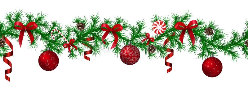 Weihnachtstannengrenze mit hängender Girlande, Tannenzweige, roter und silberner Flitter, Kiefernkegel und andere Verzierungen