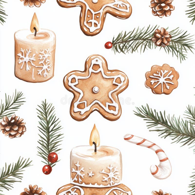 Weihnachtswasserfarbe nahtlose Muster Strumpf Kiefer Ast Bouquet Lebkuchen Schneeflocken weißen Spielzeug stockfotos