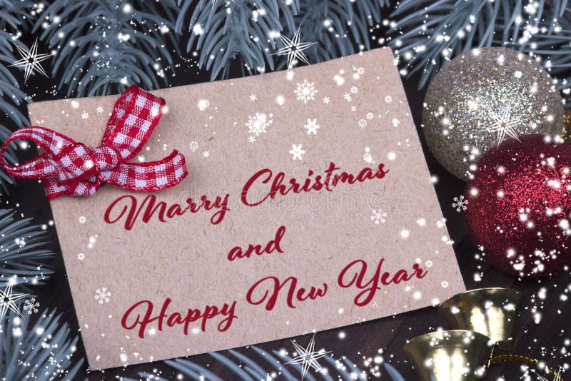 Christmas Xmas New Year Holiday greeting card Christmas balls bell ribbon fir branches cones snowflakes and text Merry Christmas and Happy New Year. Christmas Xmas New Year Holiday greeting card Christmas balls bell ribbon fir branches cones snowflakes and text Merry Christmas and Happy New Year