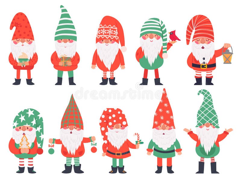 Christmas dwarfs. Funny fabulous gnomes in red costumes, xmas gnome with lantern traditional decoration, winter holiday vector characters. Illustration christmas dwarf character collection. Christmas dwarfs. Funny fabulous gnomes in red costumes, xmas gnome with lantern traditional decoration, winter holiday vector characters. Illustration christmas dwarf character collection