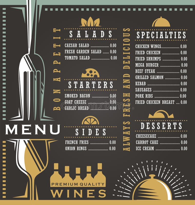 Wine and food menu design concept. Restaurant menu design. Abstract menu layout concept for cafe bar or bistro on dark black background. Wine and food menu design concept. Restaurant menu design. Abstract menu layout concept for cafe bar or bistro on dark black background.