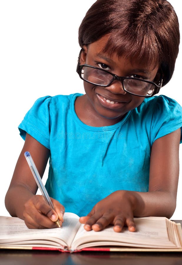 Cute African American school girl wearing reading glasses studying and smiling over white background. Cute African American school girl wearing reading glasses studying and smiling over white background