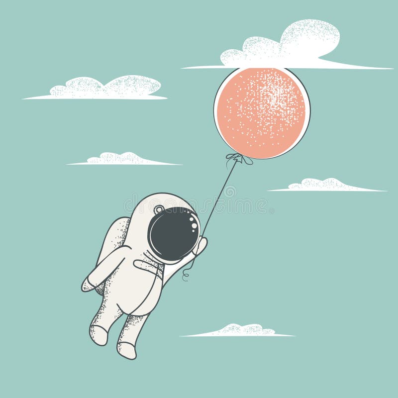 Little astronaut fly with red balloon to sky.Clouds around.Childish cartoon design for kid t-shirts,dress or greeting cards.Vintage style. Little astronaut fly with red balloon to sky.Clouds around.Childish cartoon design for kid t-shirts,dress or greeting cards.Vintage style