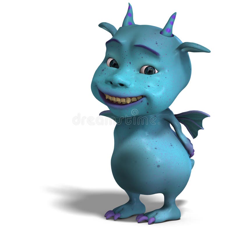 3D rendering of a little blue cute toon dragon devil with clipping path and shadow over white. 3D rendering of a little blue cute toon dragon devil with clipping path and shadow over white