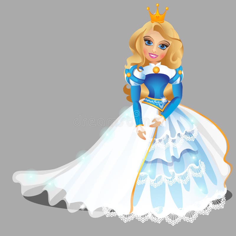 Weinig blond prinsesmeisje in blauwe balkleding en gouden die kroon op grijze achtergrond wordt geïsoleerd Vectorbeeldverhaalclos vector illustratie Weinig blond prinsesmeisje in blauwe balkleding en gouden die kroon op grijze achtergrond wordt geïsoleerd Vectorbeeldverhaalclos vector illustratie