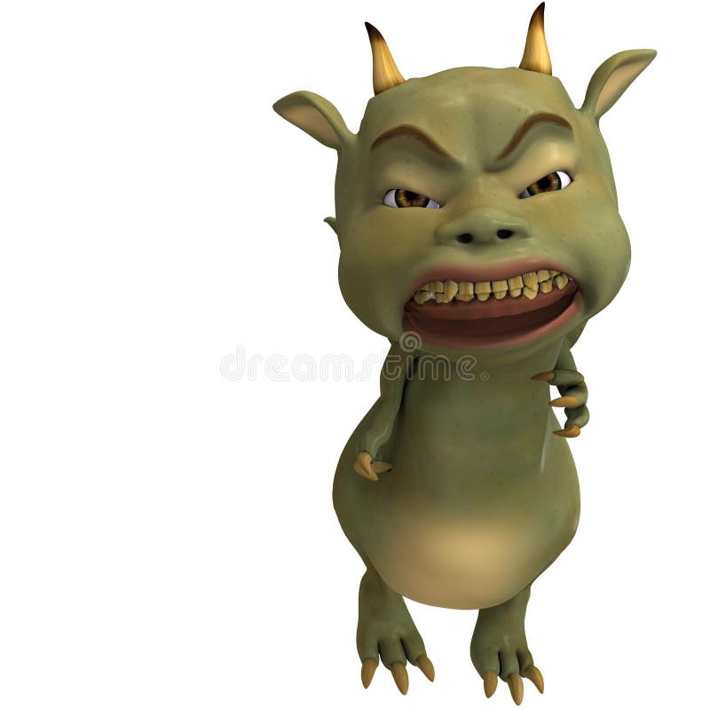 3D rendering of a little green cute toon dragon devil with clipping path and shadow over white. 3D rendering of a little green cute toon dragon devil with clipping path and shadow over white
