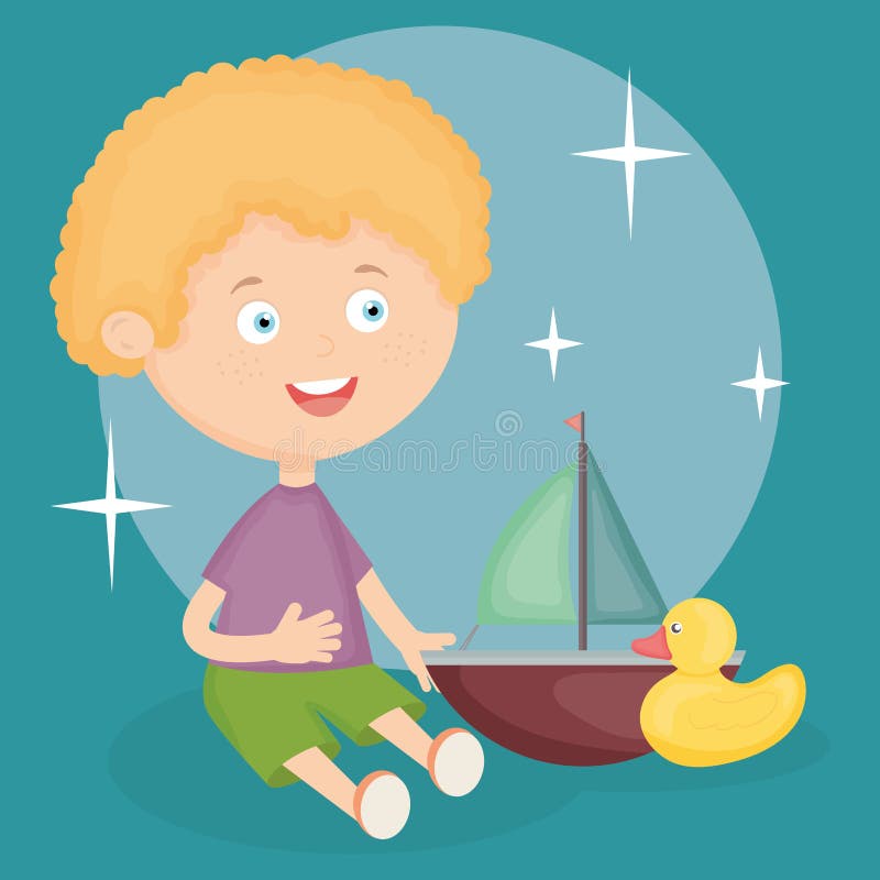 Weinig jongen die met zeilboot en eend spelen royalty-vrije illustratie Weinig jongen die met zeilboot en eend spelen royalty-vrije illustratie