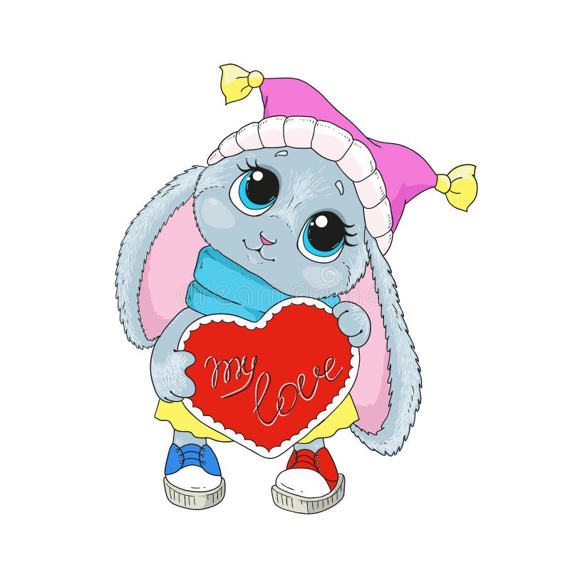 Weinig pluizige konijnkrabbel Mooi konijntje in een hoed Gelukwensen op de Dag van Valentine ` s Konijn met hart