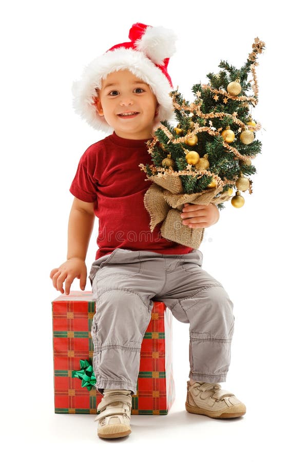 Happy little boy wearing Santa hat, sitting on big present box and holding small, decorated Christmas tree. Happy little boy wearing Santa hat, sitting on big present box and holding small, decorated Christmas tree