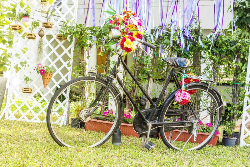 Weinlese-Fahrrad Mit Blumen Stockfoto - Bild von dekor, radfahren: 73587360