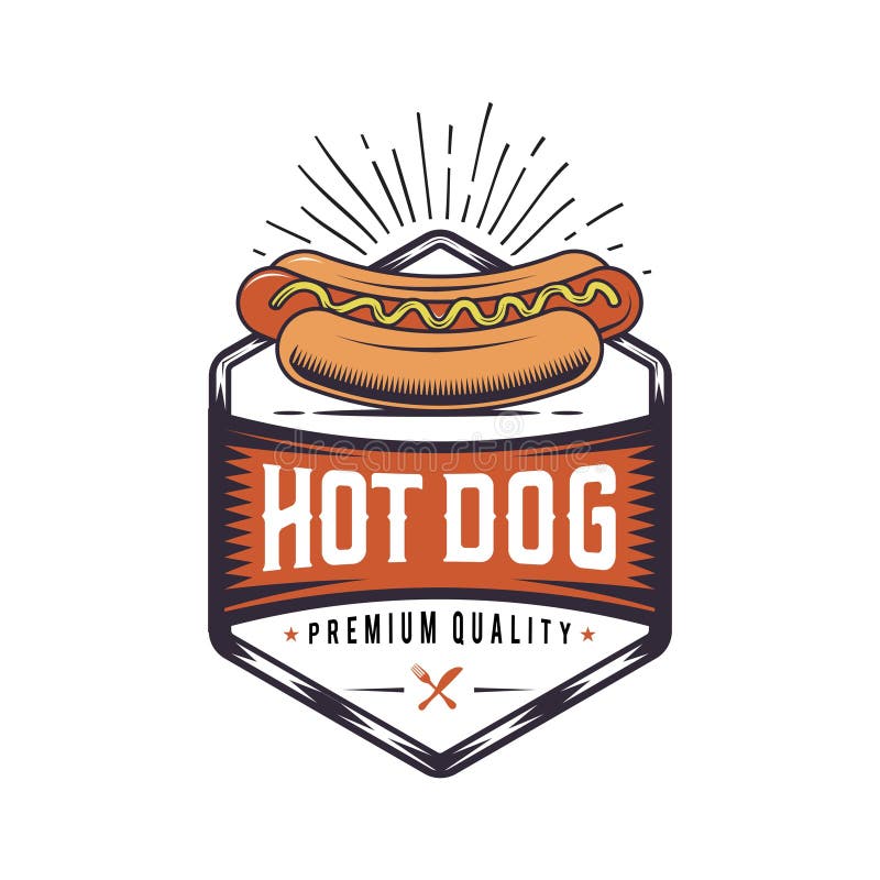 Weinlese-Hotdoggelenk Retro- Schnellimbissillustration Design des Logowiener würstchens stock abbildung