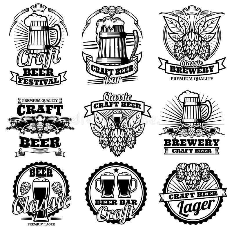 Weinlesebiergetränkbar-Vektoraufkleber Retro- Brauereiembleme und -logos mit Hopfen und Becher vektor abbildung Weinlesebiergetränkbar-Vektoraufkleber Retro- Brauereiembleme und -logos mit Hopfen und Becher vektor abbildung