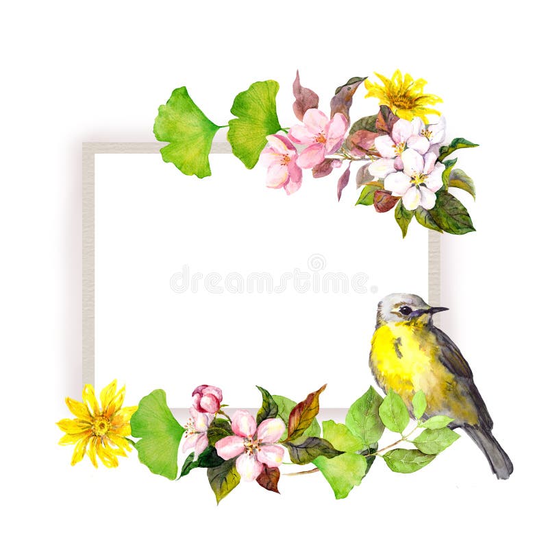 Weinleseblumengrenze - Blumen und Vogel Aquarellrahmen stock abbildung Weinleseblumengrenze - Blumen und Vogel Aquarellrahmen stock abbildung