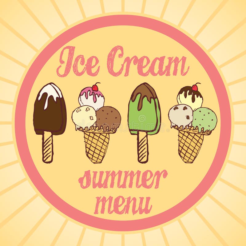 WeinleseEiscremeplakat Auch im corel abgehobenen Betrag Satz geschmackvolle Eiscreme mit Textsommermenü stock abbildung WeinleseEiscremeplakat Auch im corel abgehobenen Betrag Satz geschmackvolle Eiscreme mit Textsommermenü stock abbildung