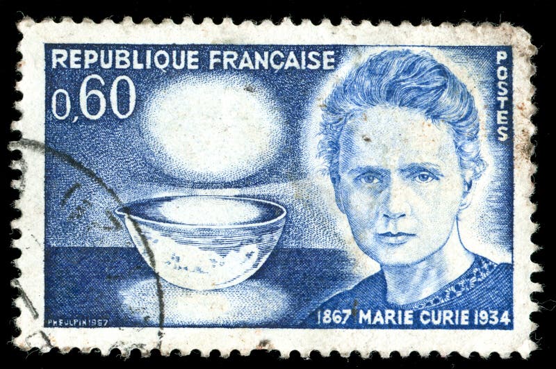 Vintage french stamp depicting Marie Curie who won two Nobel prizes in Physics and Chemistry for her work on Radioactivity and the discovery of radioactive chemical elements. Vintage french stamp depicting Marie Curie who won two Nobel prizes in Physics and Chemistry for her work on Radioactivity and the discovery of radioactive chemical elements