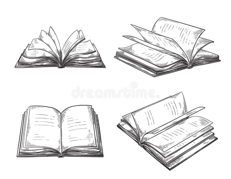 Weinlesehandgezogener Skizzensatz der Retro- zeichnenden Schwarzweiss-Linie Grafikdesignvektor der Bücher lizenzfreie abbildung