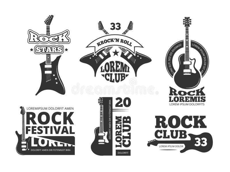 Weinlesehard rock, Jazzband, Gitarrenshop, Musikvektorlogos und Kennsatzfamilie mit Akustikgitarren stock abbildung Weinlesehard rock, Jazzband, Gitarrenshop, Musikvektorlogos und Kennsatzfamilie mit Akustikgitarren stock abbildung