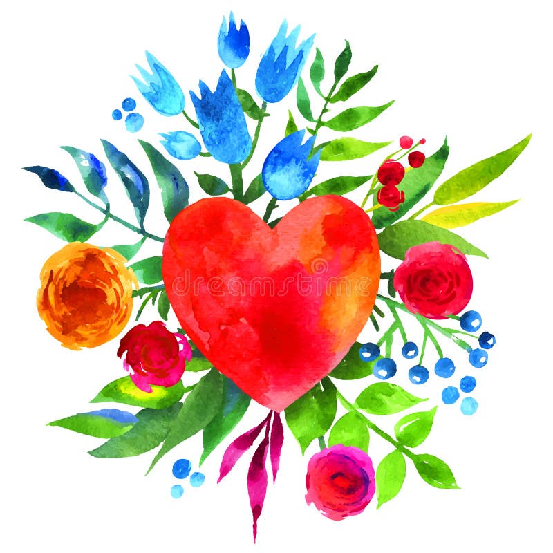 Weinlesehintergrund mit Blumen in der Liebe und im Blumenherzen, Blumenherz des schönen Aquarells Liebes-Herzikone Sommer botanis lizenzfreie abbildung Weinlesehintergrund mit Blumen in der Liebe und im Blumenherzen, Blumenherz des schönen Aquarells Liebes-Herzikone Sommer botanis lizenzfreie abbildung
