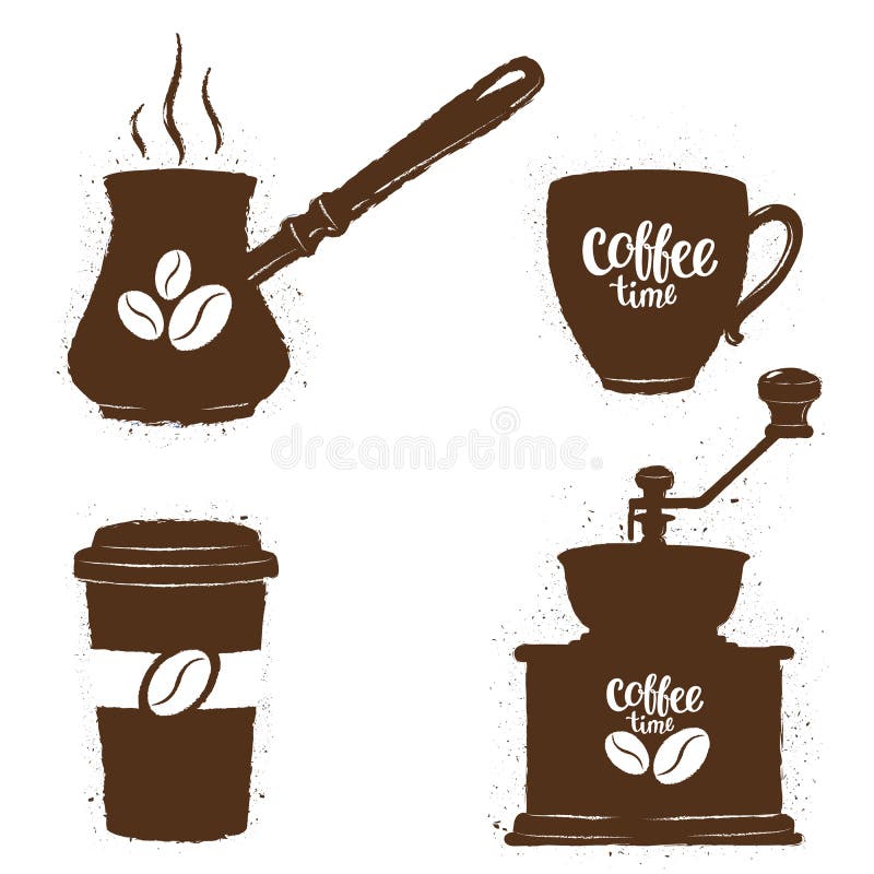 Weinlesekaffeegegenstände eingestellt Schattenbilder von Kaffeetassen, von Schleifer, von Topf mit Bohnenlogo und von Beschriftun