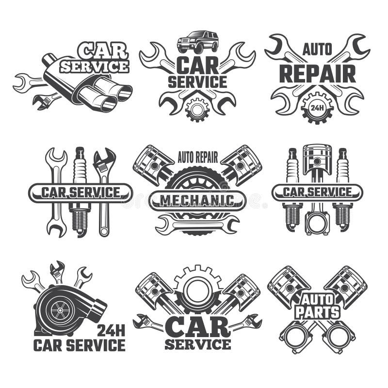 WeinleseKennsatzfamilie mit Illustrationen von Automobilwerkzeugen lizenzfreie abbildung WeinleseKennsatzfamilie mit Illustrationen von Automobilwerkzeugen lizenzfreie abbildung