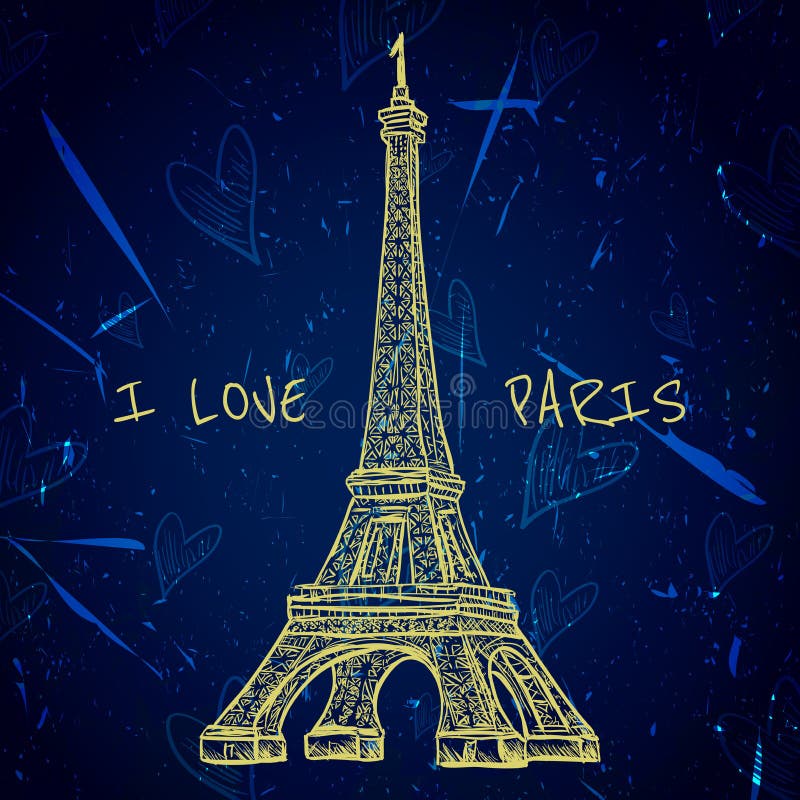 Weinleseplakat mit Eiffelturm auf dem Schmutzhintergrund Retro- Illustration in der Skizzenart 'ich liebe Paris' stock abbildung
