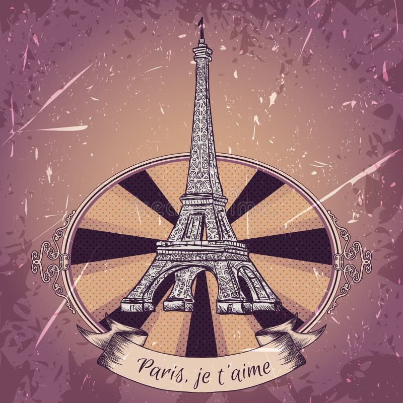 Weinleseplakat mit Eiffelturm auf dem Schmutzhintergrund Retro- Illustration in der Skizzenart 'ich liebe Paris' stock abbildung