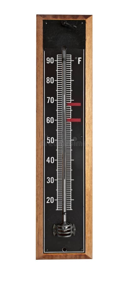 Vintage wall mount black enamel on wood indoor thermometer isolated on white. Vintage wall mount black enamel on wood indoor thermometer isolated on white