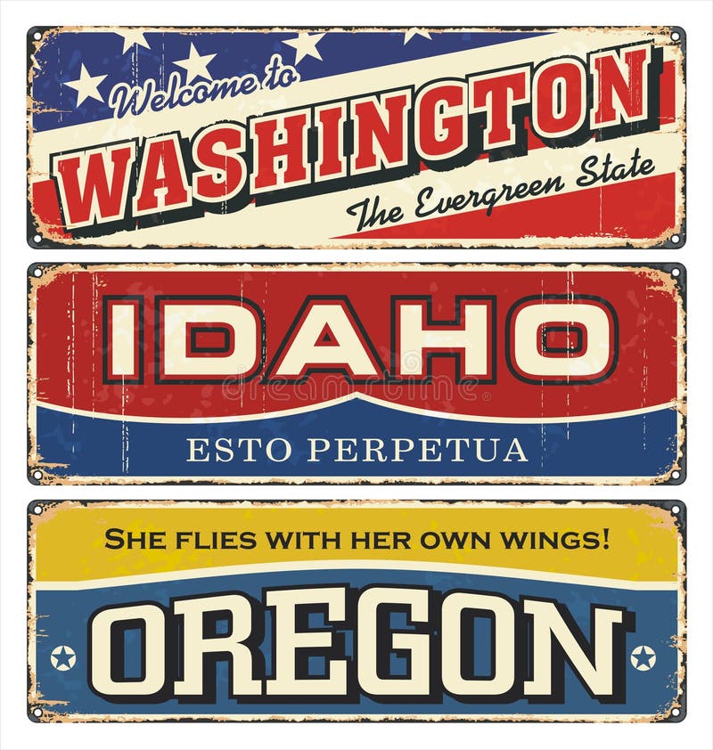 Weinlesezinn-Zeichensammlung mit Amerika-Staat washington idaho oregon Retro- Andenken oder Postkartenschablonen auf Rost backgro stock abbildung Weinlesezinn-Zeichensammlung mit Amerika-Staat washington idaho oregon Retro- Andenken oder Postkartenschablonen auf Rost backgro stock abbildung