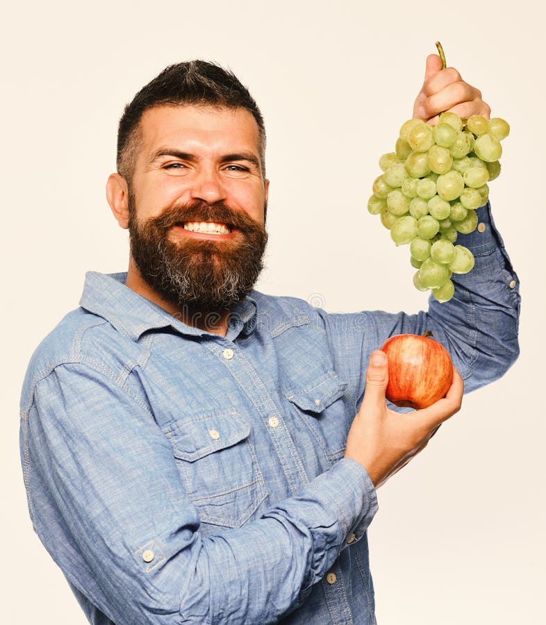 Weinproduktions- und Herbstfruchtkonzept Weinbauer mit fröhlichem Gesicht lizenzfreies stockbild Weinproduktions- und Herbstfruchtkonzept Weinbauer mit fröhlichem Gesicht lizenzfreies stockbild