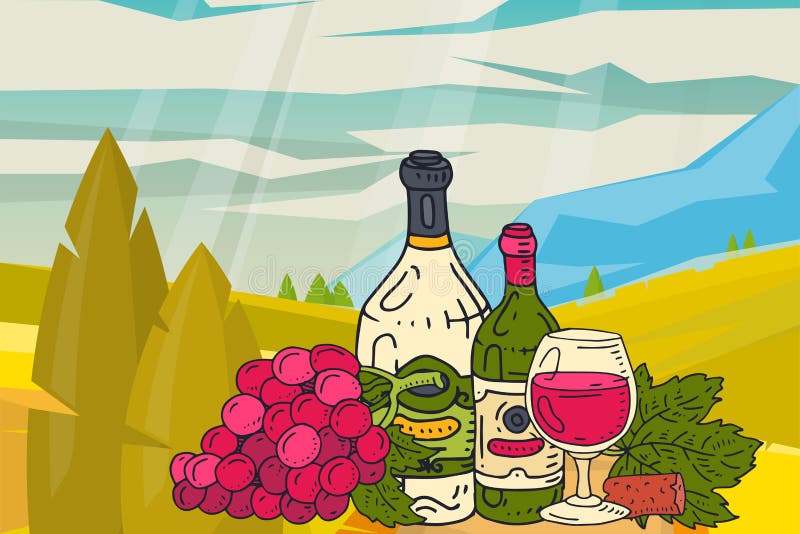 Weintabelle mit Imbissgebirgsnaturlandschaftsvektor-Illustrationsglas der Weinrebeflasche Schmecken des Ereignismenüs