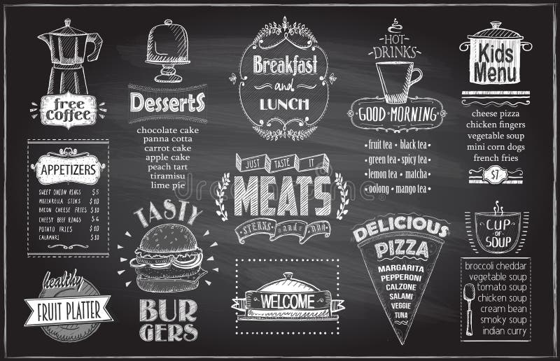 Chalk menu board design for cafe or restaurant, breakfast and lunch, fast food and pizza, meats menu, burgers, appetizers, fruit platter, desserts, drinks and kids menu. Chalk menu board design for cafe or restaurant, breakfast and lunch, fast food and pizza, meats menu, burgers, appetizers, fruit platter, desserts, drinks and kids menu